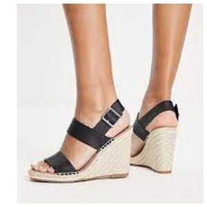Steve Madden Stunner Wedge Espadrille Sandals Womens 10 Black Tan Leather
